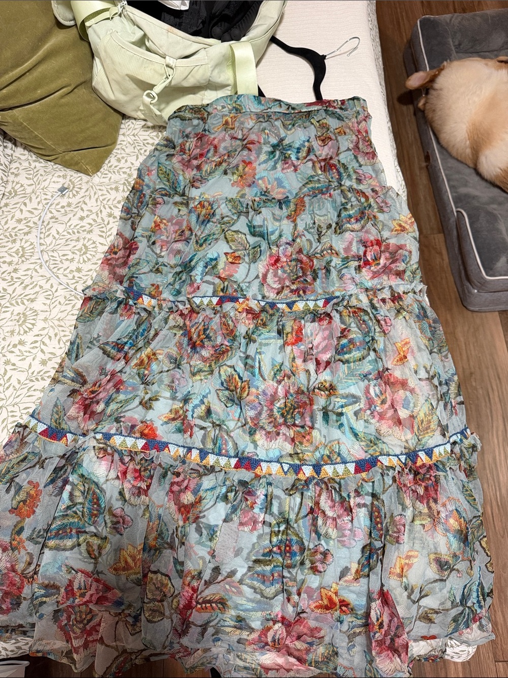 Johnny Was Light Blue Floral Tiered A-Line Skirt